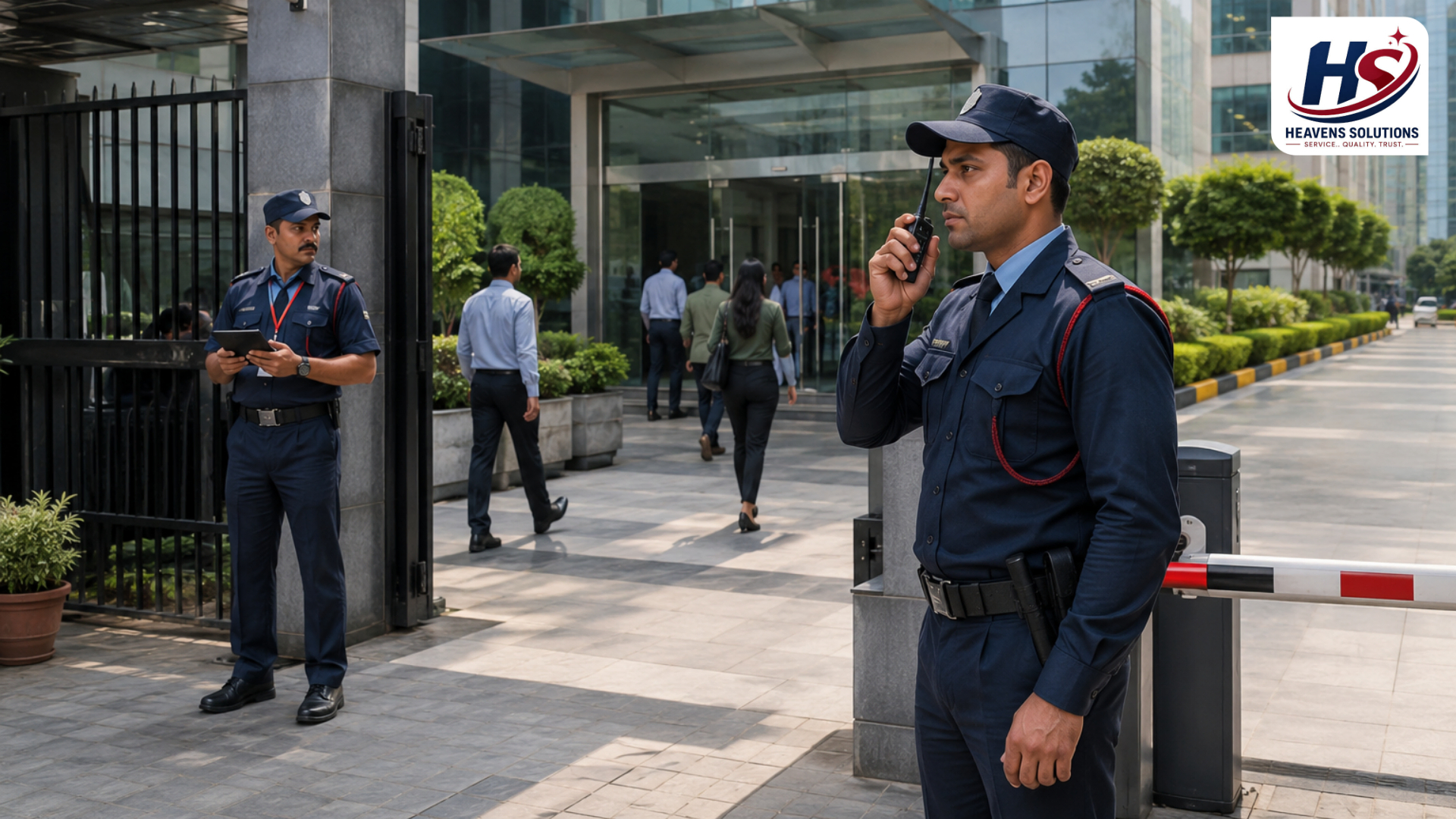 Professional security guard protecting a modern corporate office building.
