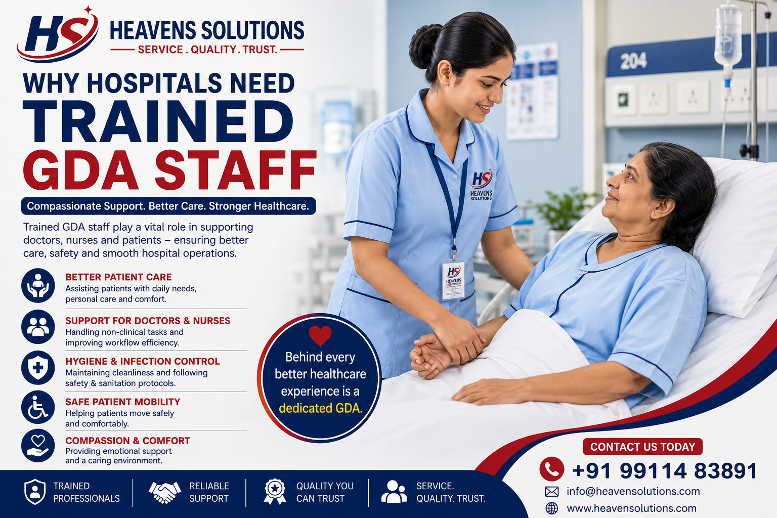 Professional General Duty Assistant helping a patient in a modern hospital ward.