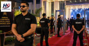 Professional security guards and bouncers managing crowd control and guest entry at a corporate event.