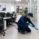 Professional pest control technician disinfecting and treating a modern office workspace to prevent pest infestation and maintain a clean, hygienic environment.