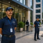 Professional Indian security guards protecting a modern corporate office with visitor management and access control.