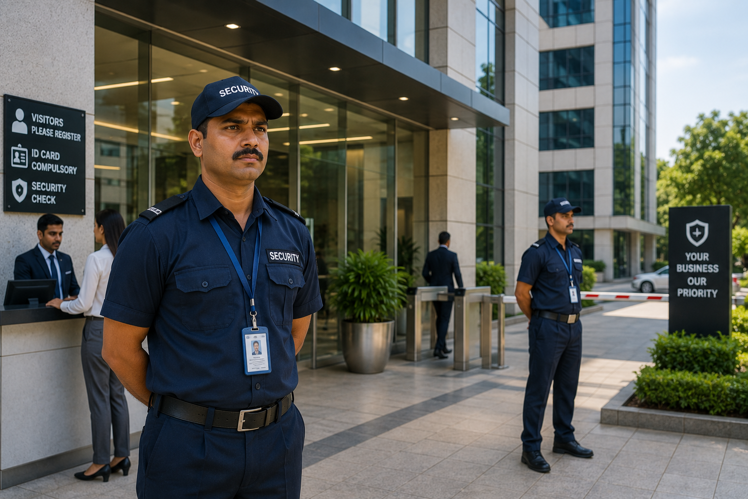 Professional Indian security guards protecting a modern corporate office with visitor management and access control.