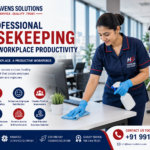 Professional housekeeping staff cleaning a modern corporate office workspace.