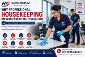 Professional housekeeping staff cleaning a modern corporate office workspace.