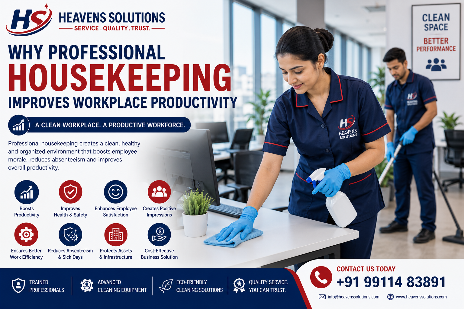 Professional housekeeping staff cleaning a modern corporate office workspace.