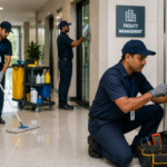 Professional maintenance technician inspecting commercial building equipment as part of preventive maintenance services.
