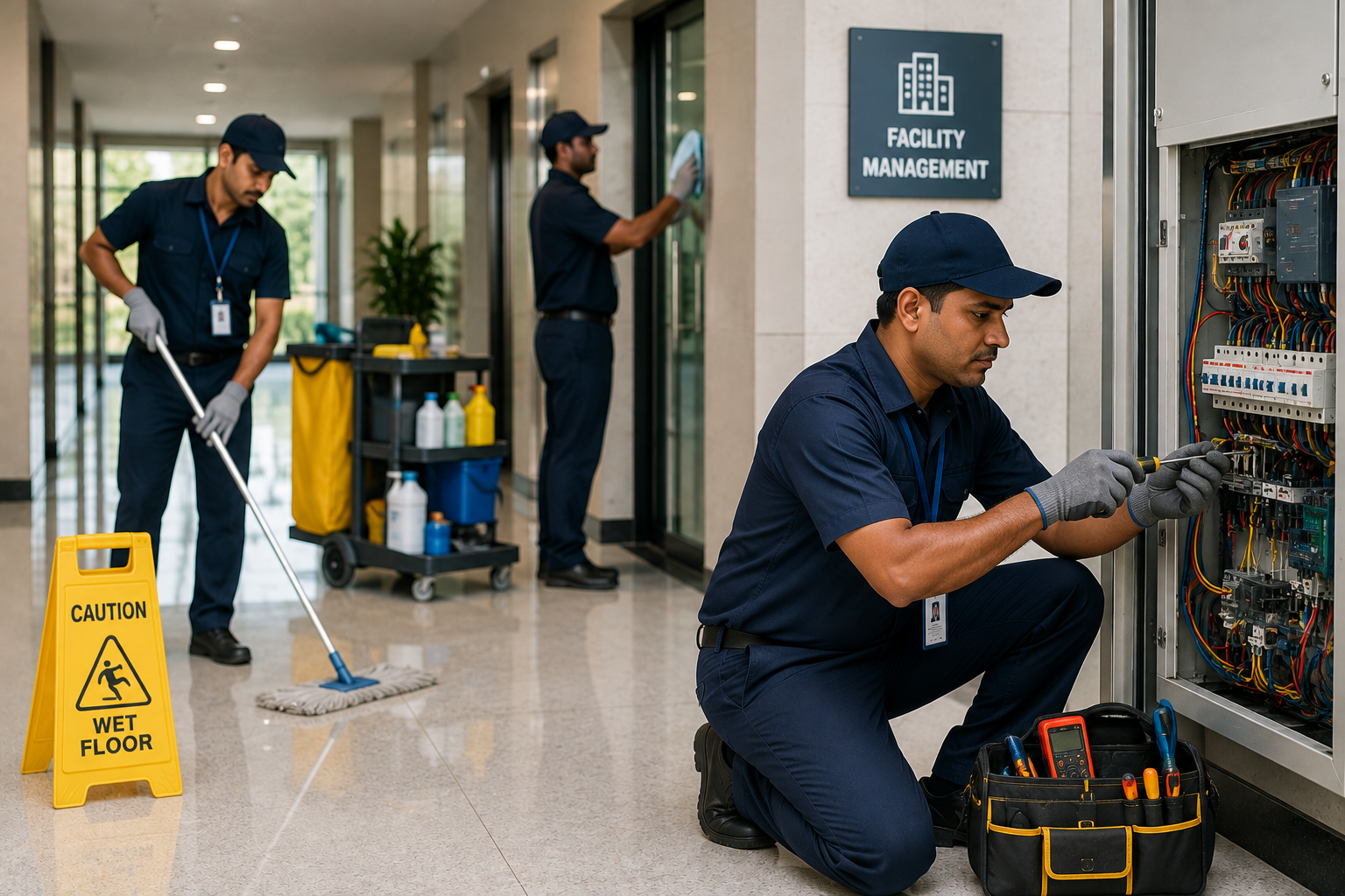 Professional maintenance technician inspecting commercial building equipment as part of preventive maintenance services.