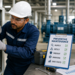 Professional maintenance technician inspecting commercial facility equipment as part of a preventive maintenance program.