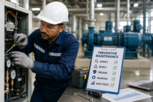 Professional maintenance technician inspecting commercial facility equipment as part of a preventive maintenance program.
