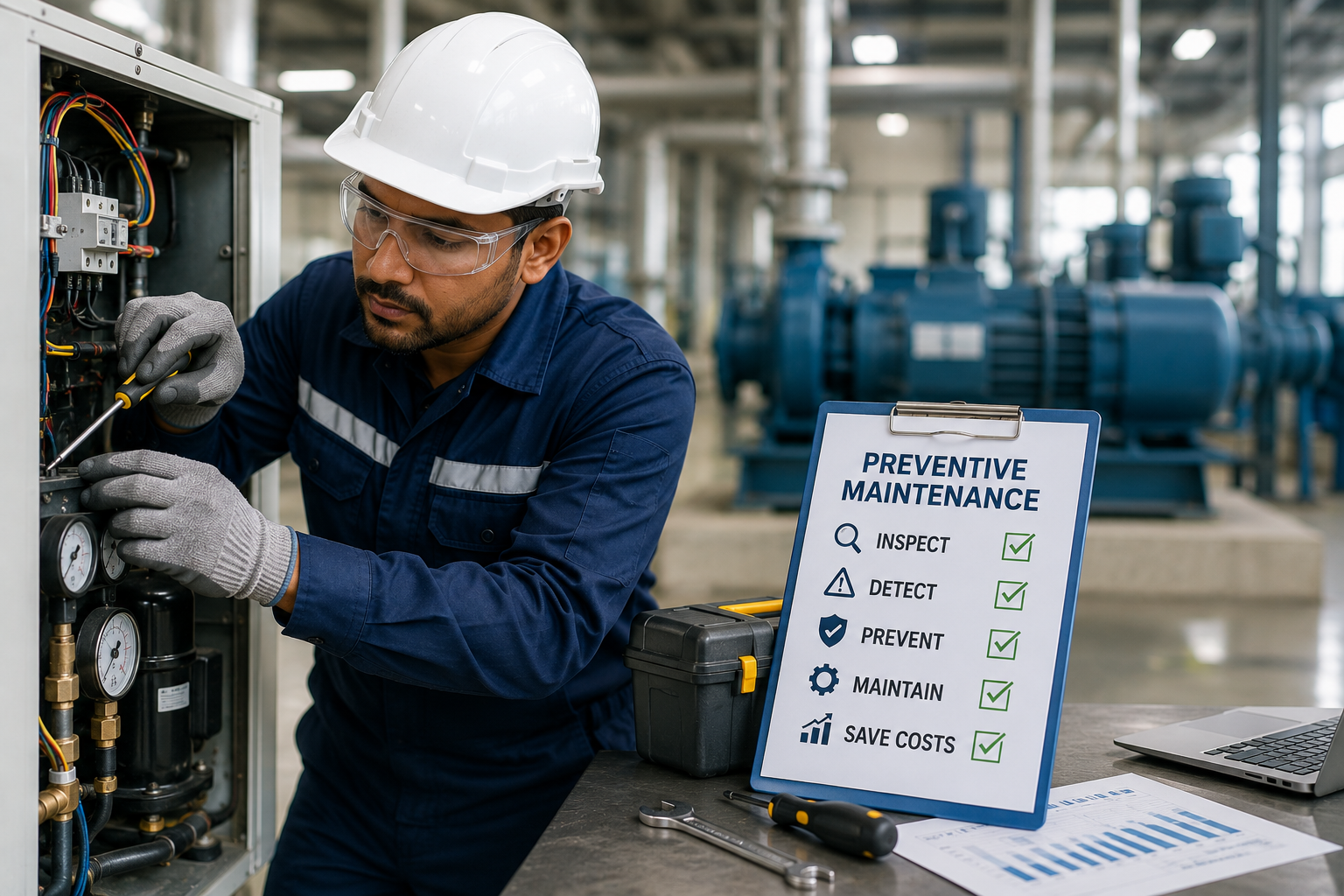 Professional maintenance technician inspecting commercial facility equipment as part of a preventive maintenance program.