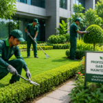 Professional gardeners maintaining a lush green landscape with healthy plants, trimmed hedges, and manicured lawns at a corporate office.