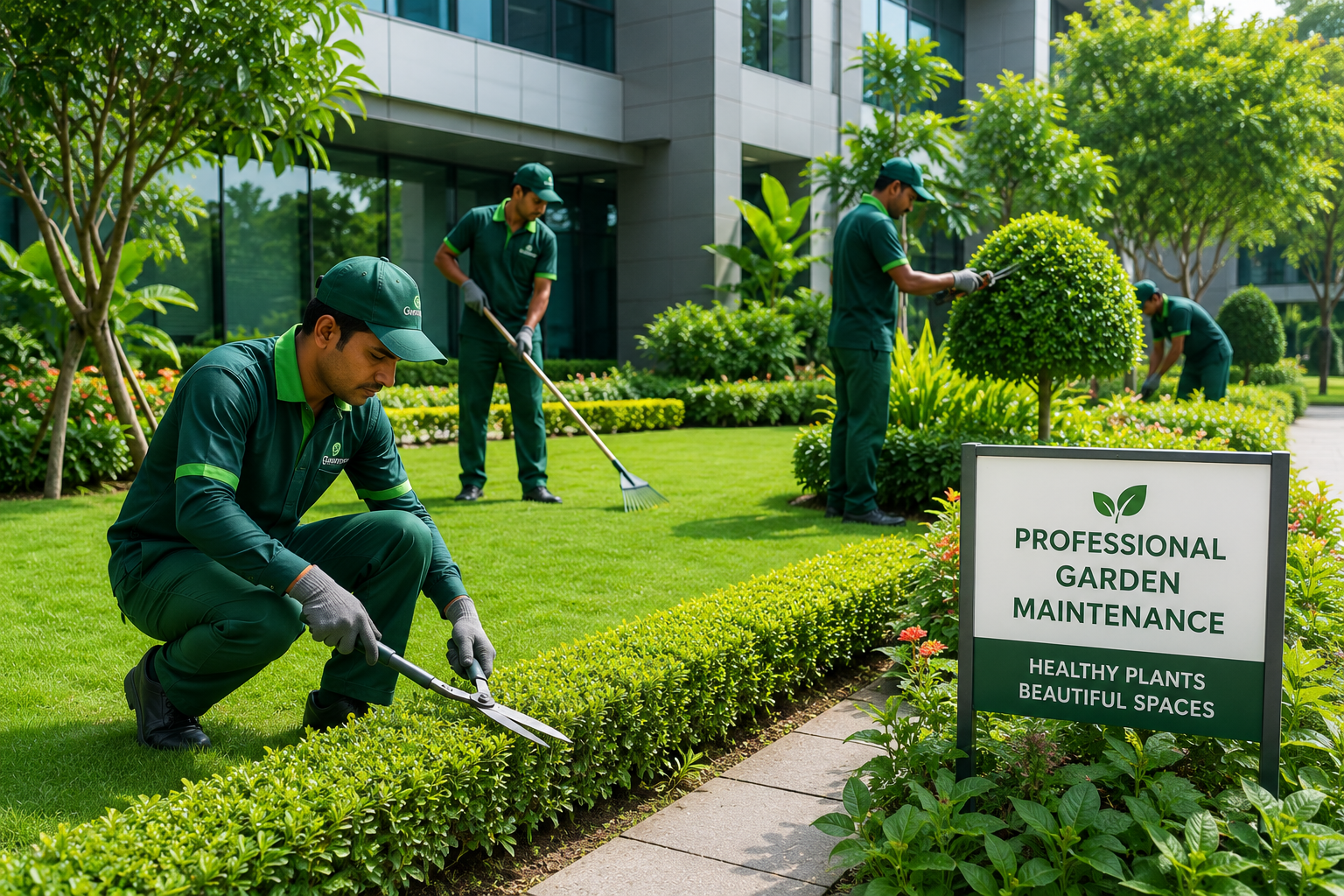 Professional gardeners maintaining a lush green landscape with healthy plants, trimmed hedges, and manicured lawns at a corporate office.