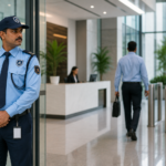 Trained security guard monitoring the entrance of a modern corporate office to ensure workplace safety and access control.
