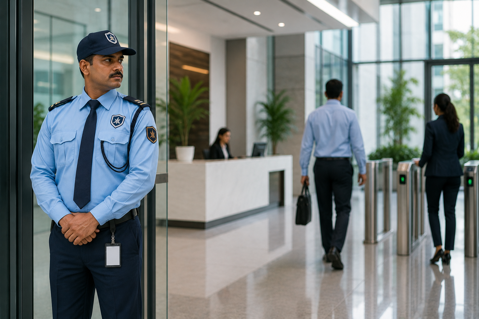 Trained security guard monitoring the entrance of a modern corporate office to ensure workplace safety and access control.