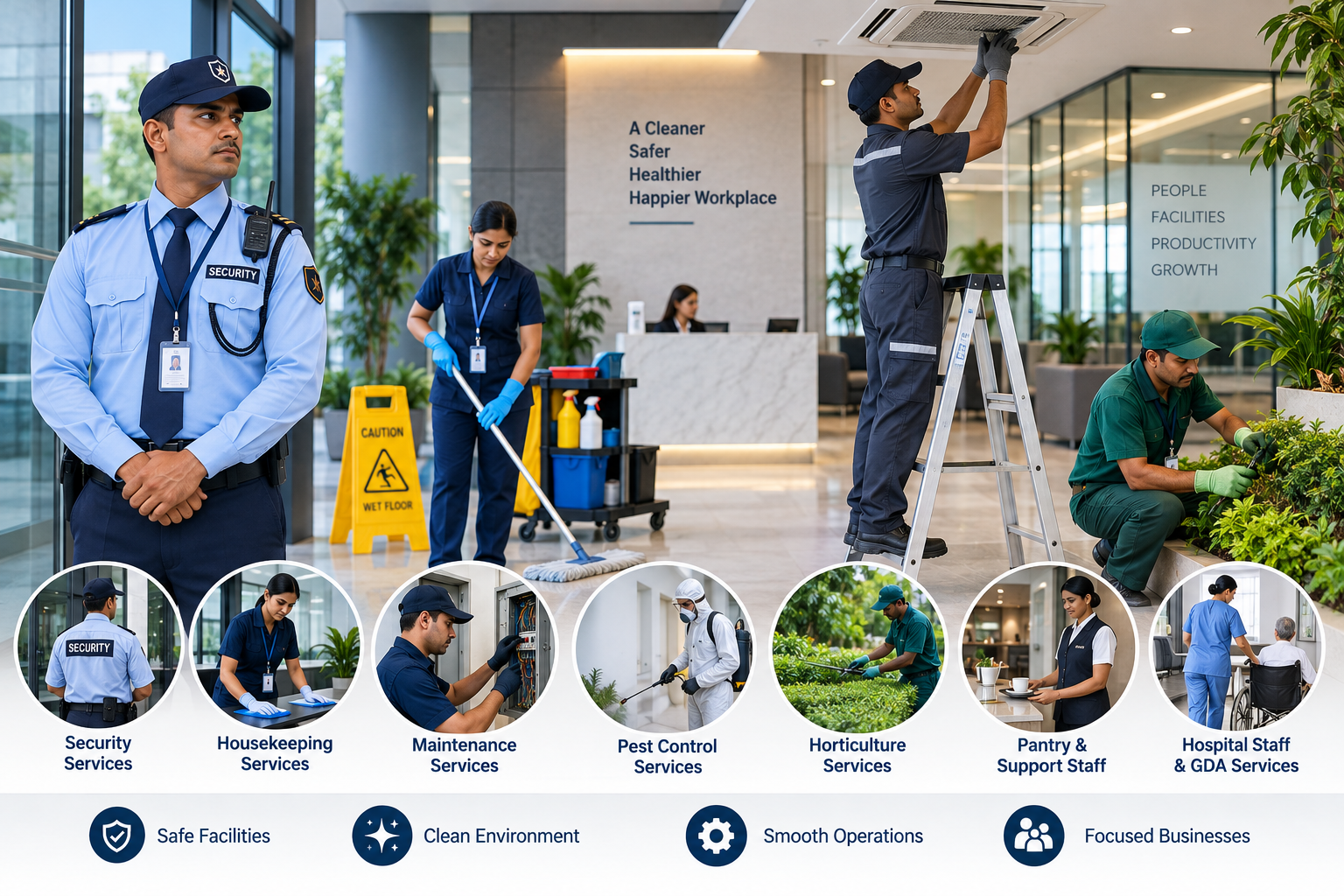 Professional facility management team handling security, housekeeping, maintenance and building operations in a modern commercial facility.