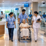 Trained Indian GDA staff assisting a patient with wheelchair transportation inside a modern hospital.