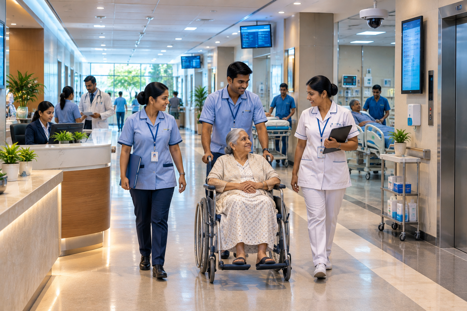 Trained Indian GDA staff assisting a patient with wheelchair transportation inside a modern hospital.